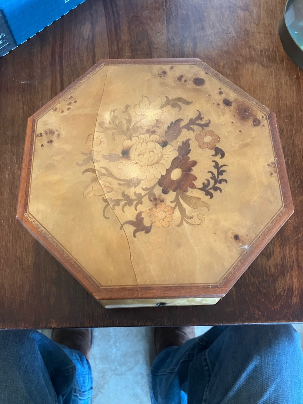 Reuge Octagonal Floral Inlay Jewelry Box Made In Italy - WITH KEY